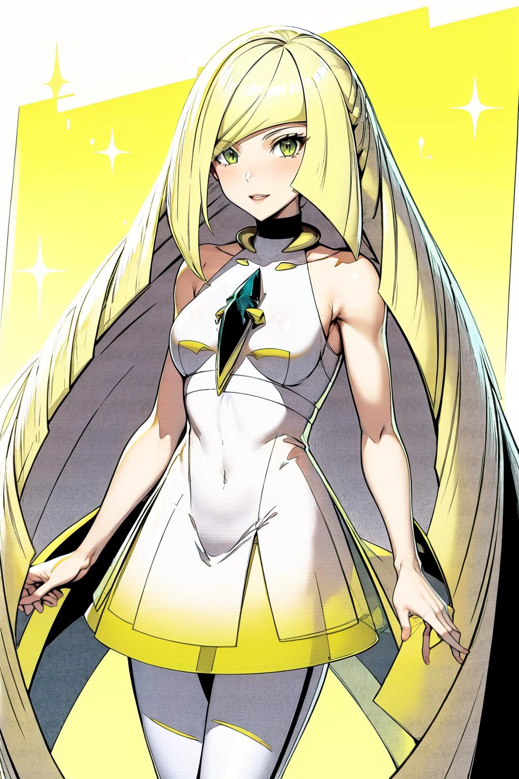 best quality, highly detailed, casual, <lora:lusamine-pokemon-richy-v1:.9> lusaminedef, mature female, very long hair, gem, sleeveless dress, short dress, white leggings, <lora:Ghibli_v6:0.8> scenery,