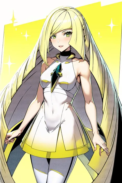 best quality, highly detailed, casual, <lora:lusamine-pokemon-richy-v1:.9> lusaminedef, mature female, very long hair, gem, sleeveless dress, short dress, white leggings, <lora:Ghibli_v6:0.8> scenery,