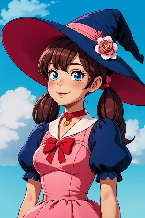 (best quality, masterpiece), 1girl, solo, hat, witch hat, blue eyes, twintails, brown hair, looking at viewer, long hair, heart, upper body, choker, bow, flower, witch, breasts, dress, bangs, bowtie, red bow, puffy sleeves, white flower, blush, closed mouth, hair between eyes, red bowtie, red choker, medium breasts, sky background, smile, simple background, short sleeves, hair ornament, hand up, pink flower, black headwear, rose,  <lora:more_details:0.5> <lora:Pyramid lora_Ghibli_n:0.6> <lora:studioGhibliStyle_offset:0.5>