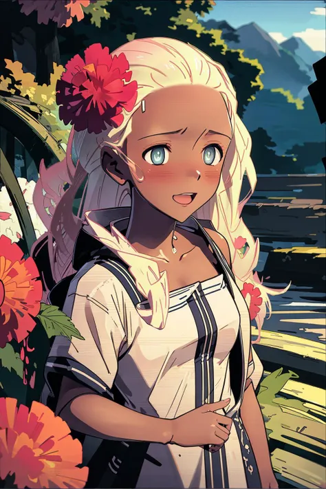 best quality, highly detailed, action, <lora:HaruSWVisions_V1-Manityro-dadpt:.9> HaruSW, dark-skinned female, aqua eyes, long hair, short hair, hair flower, <lora:Ghibli_v6:0.8> scenery,