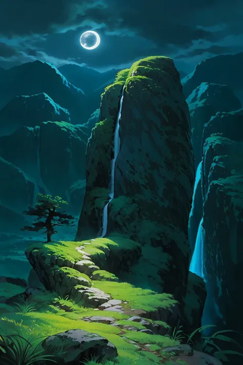 masterpiece, (((best quality))),<lora:Pyramid lora_Ghibli_n3:1>, landscape, dark night, bright moon, weak star, cliff, wind blowing, green grass, fantasy, magic world, waterfall,