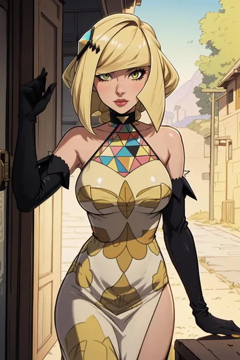 best quality, highly detailed, lingerie, <lora:lusamine-pokemon-richy-v1:.9> lusaminesyg, mature female, hair ornament, sygdress, halterneck, black gloves, elbow gloves, <lora:Ghibli_v6:0.8> scenery,