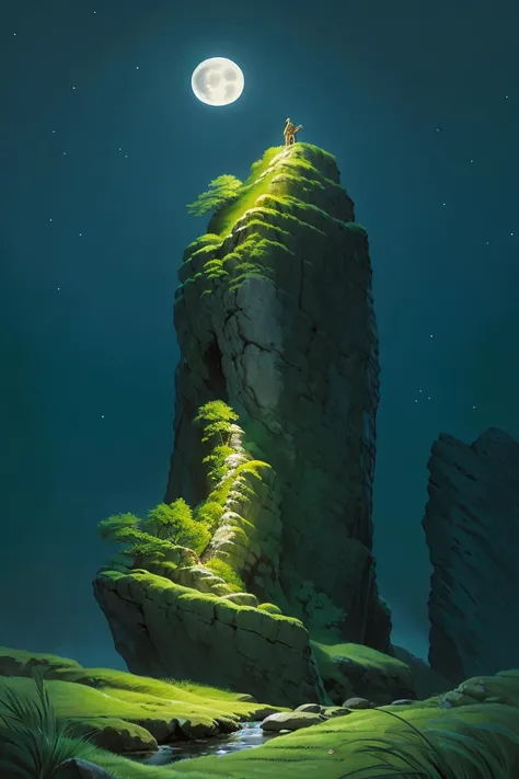 masterpiece, (((best quality))),<lora:Pyramid lora_Ghibli_n3:1>, landscape, dark night, bright moon, weak star, cliff, wind blowing, green grass, fantasy, magic world, waterfall,