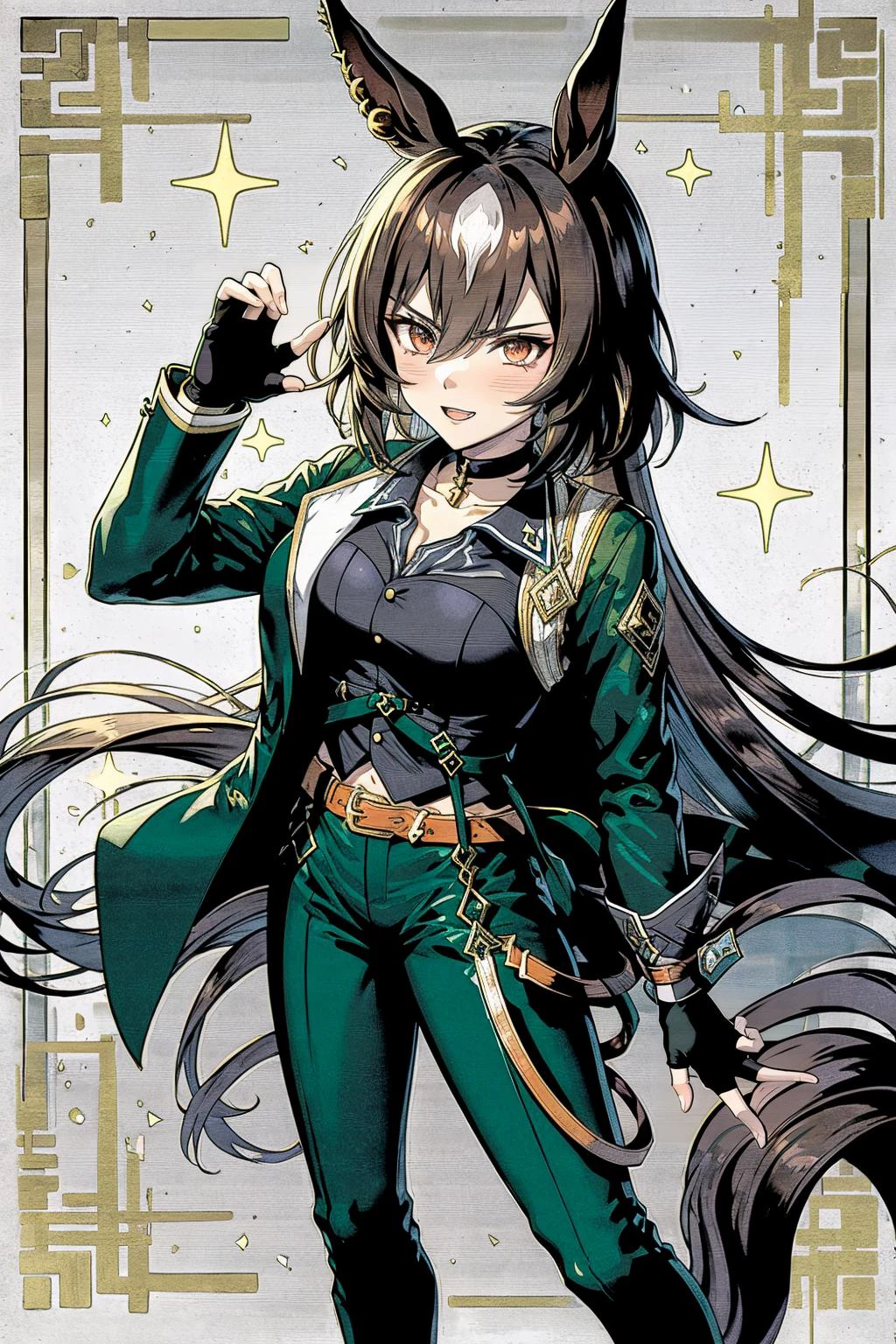 best quality, highly detailed, whole-body, <lora:umamusume_siriussymboli-10:.9> sirius symboli, horse ears, horse tail, green jacket, collared shirt, fingerless gloves, green pants, choker, belt <lora:Ghibli_v6:0.8> scenery,