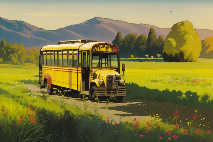 <lora:P_GHIBLI_V3:1> old yellow school bus, old gravel road, trees, field, flowers, birds