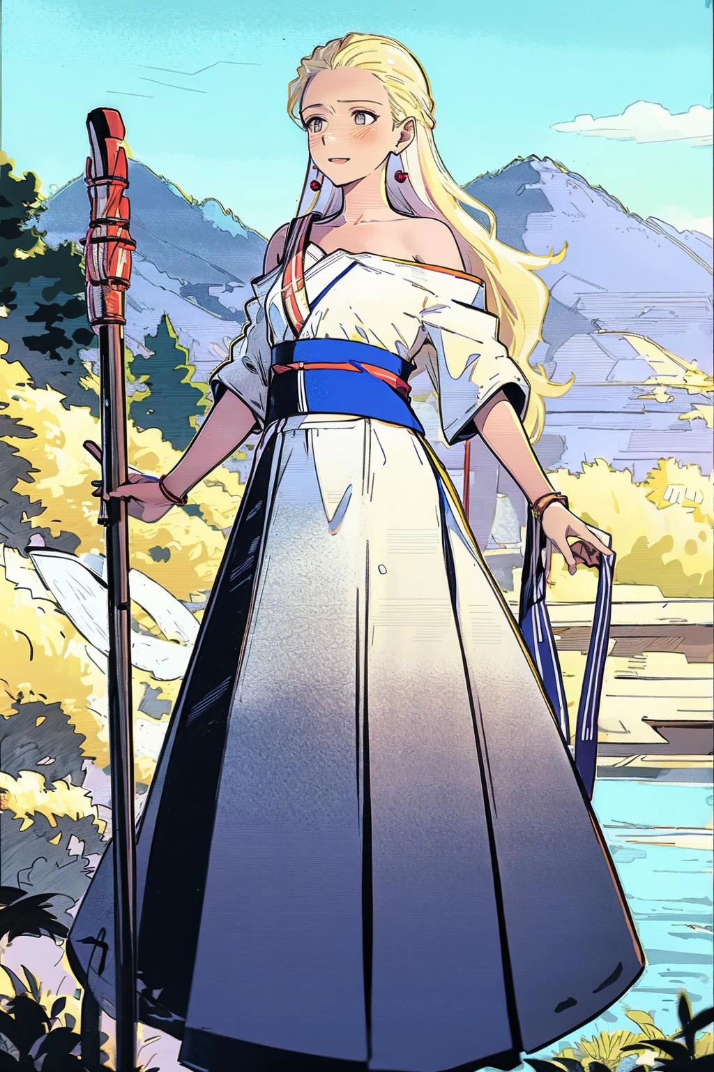 best quality, highly detailed, fashion, <lora:HaruSWVisions_V1-Manityro-dadpt:.9> HAlt, long hair, earrings, red robe, strapless, white shirt, blue sash, white skirt, long skirt <lora:Ghibli_v6:0.8> scenery,
