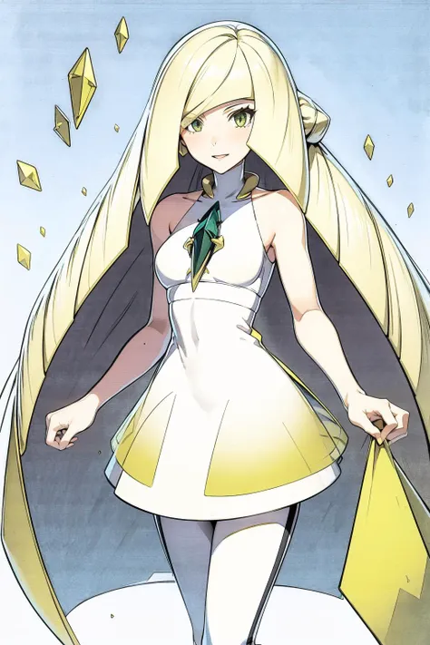 best quality, highly detailed, fashion, <lora:lusamine-pokemon-richy-v1:.9> lusaminedef, mature female, very long hair, gem, sleeveless dress, short dress, white leggings, <lora:Ghibli_v6:0.8> scenery,