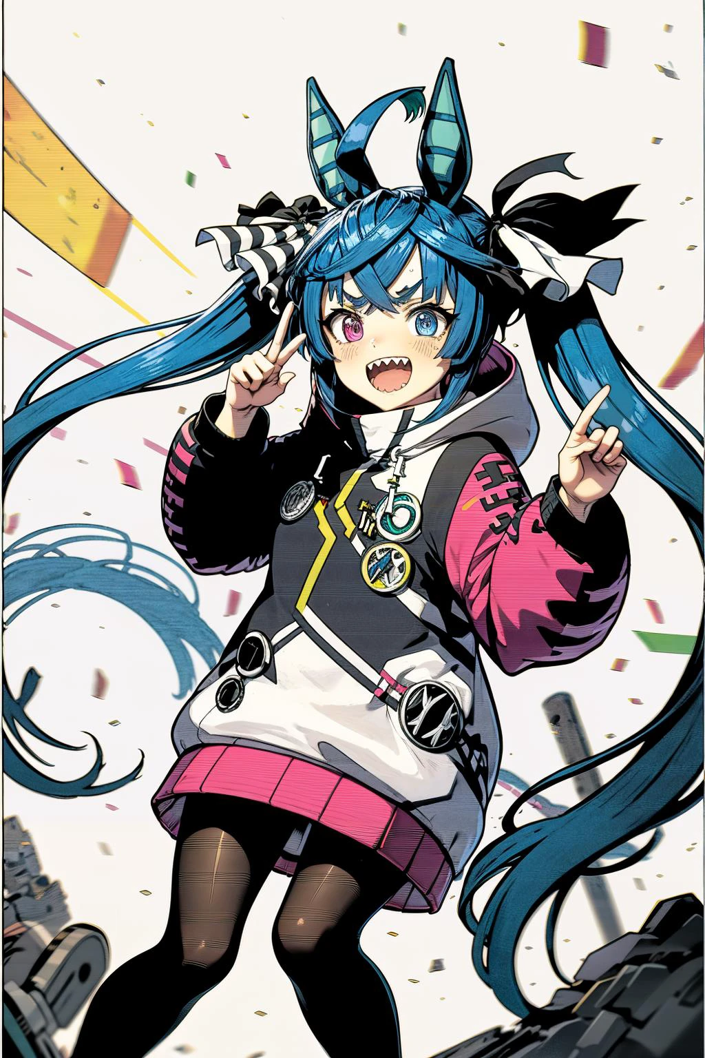 best quality, highly detailed, waist-up, <lora:umamusume_twinturbo-10:.9> twinturbo, sharp teeth, ahoge, twintails, hair ribbon, horse ears, heterochromia, horse tails, hoodie, long sleeves, pantyhose <lora:Ghibli_v6:0.8> scenery,