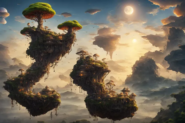 (Realistic:1.5) floating island, nature, from side, bare tree, full moon, dappled sunlight, colored sclera, giant, jellyfish, molten rock, light, city lights, eye focus, extra eyes, steampunk, fish, nature, bag, landscape, skyscraper