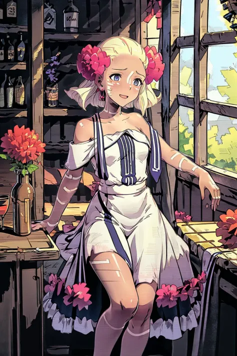 best quality, highly detailed, boudoir, <lora:HaruSWVisions_V1-Manityro-dadpt:.9> HMain, facial mark, bodypaint, hair flower, hair ribbon, short hair, white dress, strapless, off shoulder, bare shoulders, sleeveless, white sash, vertical-striped dress, <lora:Ghibli_v6:0.8> scenery,