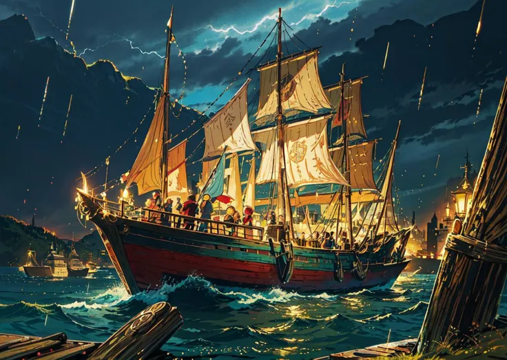 <lora:Ghibli_v6:0.8> <lora:add_detail:0.5>
((masterpiece)), (best quality), (ultra detailed), (digital), medieval era port city, harbor, fantasy, ocean, storm, rain, mountains, anime style, intricate, elaborate detail, ((vivid)) colors, high saturation
