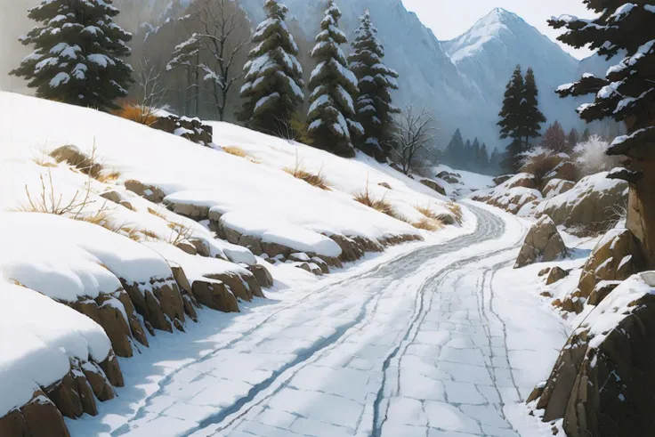 <lora:P_GHIBLI_V3:1> (((best quality))), a hill, winter, rocks, path with footprints in snow