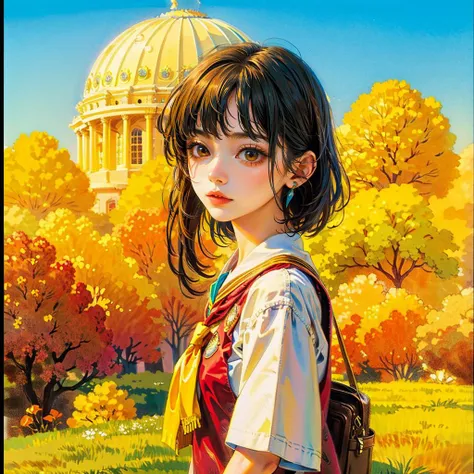 (masterpiece, best quality), abstract art, peaceful theme, 1girl, outdoors, in school, <lora:Pyramid lora_Ghibli_n3:1>