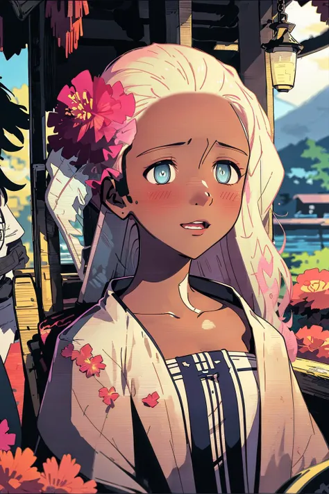 best quality, highly detailed, lifestyle, <lora:HaruSWVisions_V1-Manityro-dadpt:.9> HaruSW, dark-skinned female, aqua eyes, long hair, short hair, hair flower, <lora:Ghibli_v6:0.8> scenery,