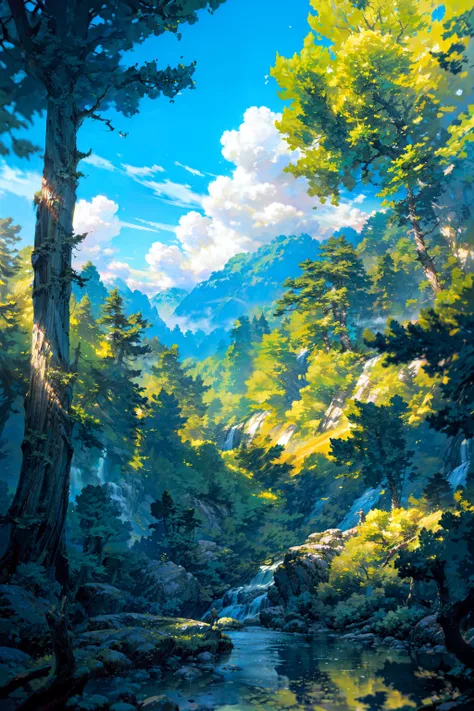 (ultra-detailed), (masterpiece), (best quality), (depth of field), (sharp focus), (cinematic lighting), (vibrant colors), <lora:more_details:1>, <lora:Ghibli_v6:1> waterfall, lake, lushes trees, gentle breeze, sunny, clouds, scenery
