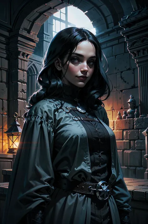 closed mouth, confident face, girl, villain smile, night, dark ambience, black eyes, long black hair, look at up, medieval dungeon inside, medieval woman rogue <lora:Ghibli_v6:0.8>