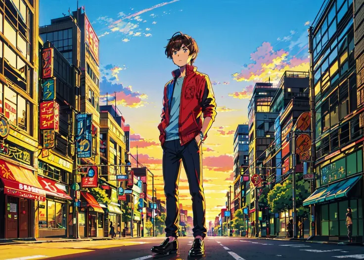 <lora:Ghibli_v6:0.8> <lora:add_detail:0.5>
((masterpiece)), (best quality), (ultra detailed), (digital), futuristic city, busy street corner, sunset, cute anime boy, solo, brown hair, hazel eyes, anime style, intricate, elaborate detail, ((vivid)) colors, high saturation