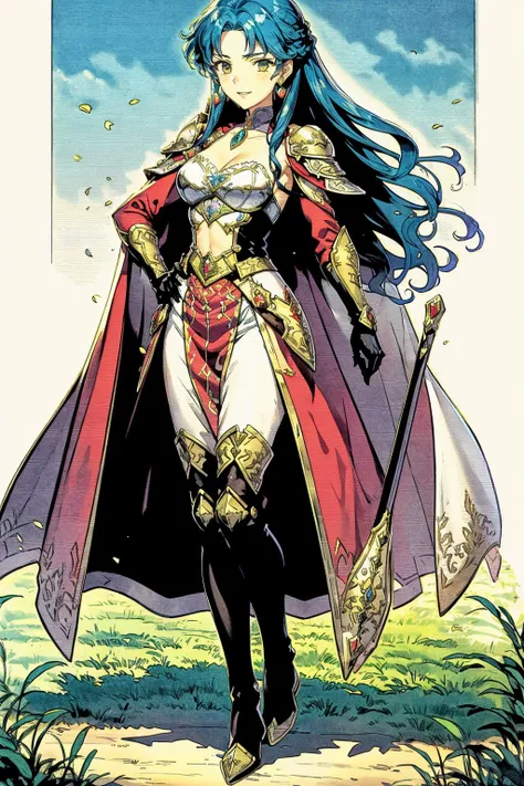 best quality, highly detailed, abstract, <lora:selphina-fe-richy-v1:.9> selphina, earrings, shoulder armor, gloves, long sleeves, breast plate, brooch, white cape, thigh boots <lora:Ghibli_v6:0.8> scenery,