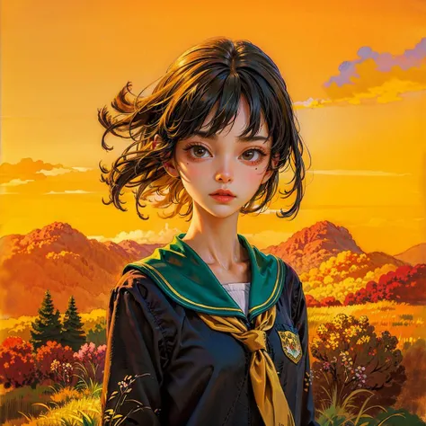 (masterpiece, best quality), abstract art, peaceful theme, 1girl, outdoors, in school, <lora:Pyramid lora_Ghibli_n3:1>
