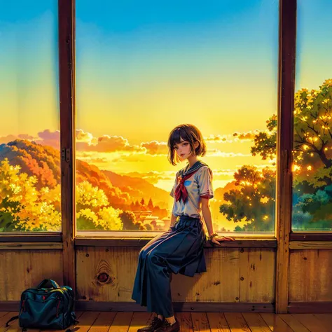 (masterpiece, best quality), (abstract art:0.8), (peaceful theme:0.8), 1girl, outdoors, in school, <lora:Pyramid lora_Ghibli_n3:1>