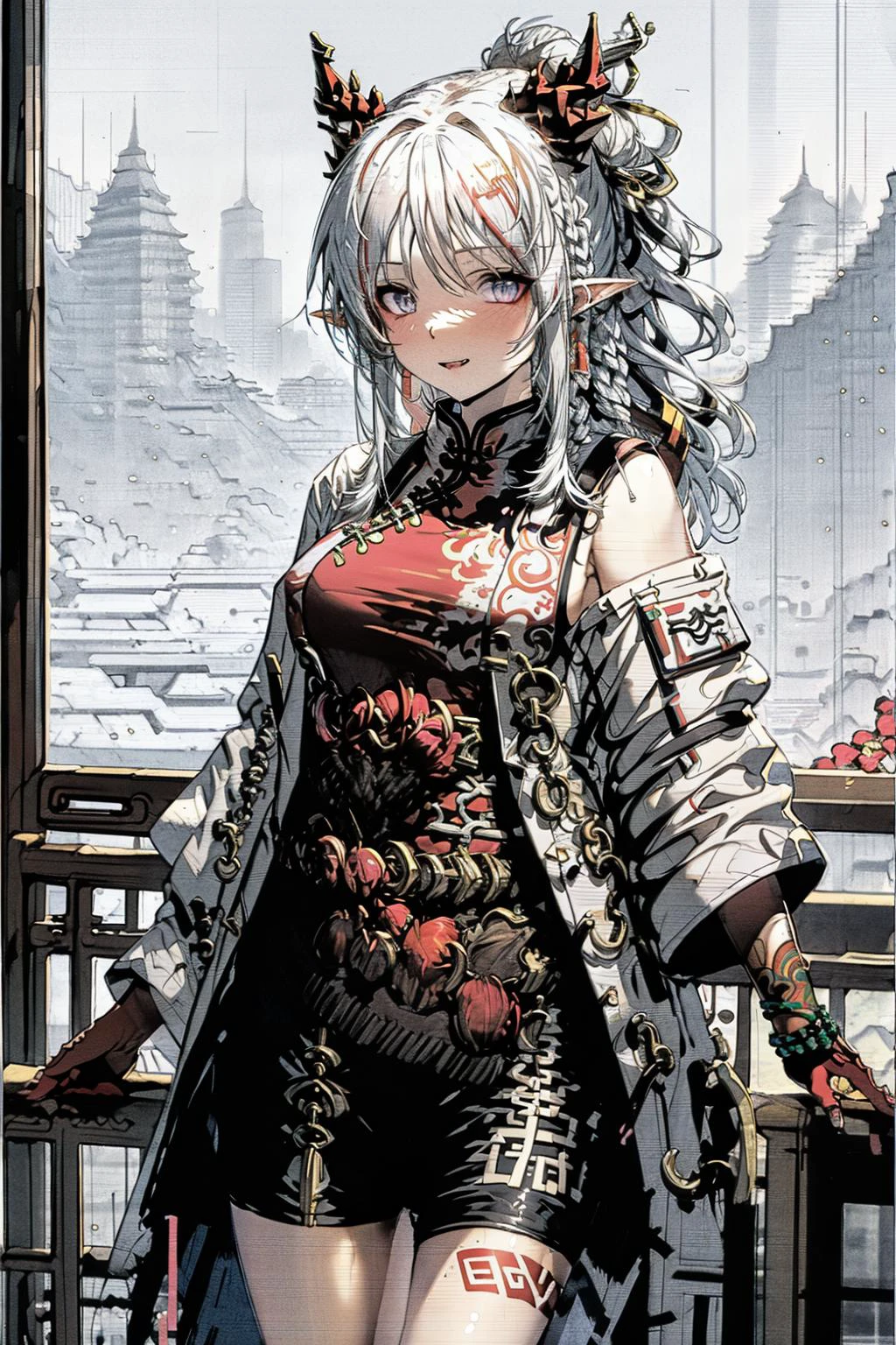 best quality, highly detailed, erotic, <lora:Nian_Arknights:.9> nian (arknights), , belt, white coat, red bandeau, black shorts, china dress, chinese clothes, sleeveless dress, white dress, braid, colored skin, ear piercing, earrings, <lora:Ghibli_v6:0.8> scenery,