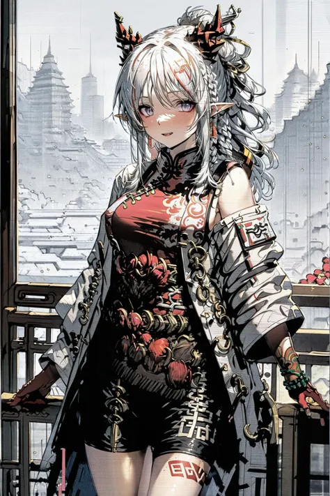 best quality, highly detailed, erotic, <lora:Nian_Arknights:.9> nian (arknights), , belt, white coat, red bandeau, black shorts,  china dress, chinese clothes,  sleeveless dress, white dress,  braid, colored skin, ear piercing, earrings, <lora:Ghibli_v6:0.8> scenery,