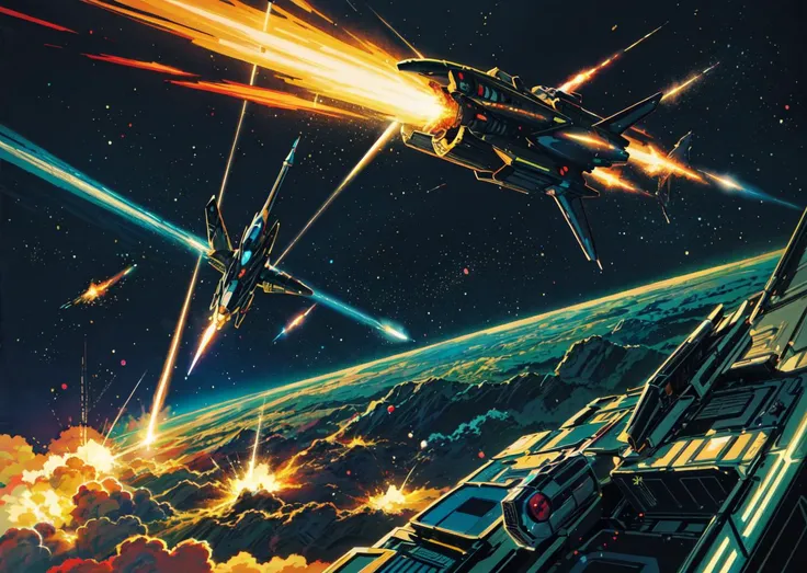 <lora:Ghibli_v6:0.8> <lora:add_detail:0.5>
((masterpiece)), (best quality), (ultra detailed), (digital), a battle in space, spaceships, lasers, missiles, explosions, overlooking a planet, nebula in the background, anime style, intricate, elaborate detail, ((vivid)) colors, high saturation