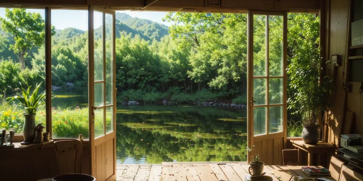 ((masterpiece)), (highres), illustration, original, extremely detailed wallpaper, no humans, window, scenery, plant, water, potted plant, outdoors, building, door, house, flower pot, day, lily pad, chair, flower, table, stairs, watermark, hat, tree, sunlight, pond, grass, indoors, reflection, lamp, balcony, black headwear, bush, sky, railing, desk, open window, shelf, leaf, book, web address, copyright name, ladder, architecture, shadow, solo, dated, vines, vase, city, cafe, lantern, bucket, ruins, bench, shop, signature, moss, boat, barrel, river, is unreal engine, realistic, fine portrayal, volume light, octane rendering, focusing, Tindal effect, HD, photography style, masterpiece, perfect work, master work, award-winning work, and complex detailed portraya, (photorealistic:1.2), professional lighting, (blur light:1.3), soft light, perfect lighting, detailed light, (ambient light:1.3), (cinematic composition:1.3), (neon lights), (collarbone), (camisole), a woman in a floral dress and straw hat standing on a tree brancha, woman in a gray dress holding a bouquet of daisies, a stock photo by Oleg Oprisco, pinterest, art photography, made of flowers, soft light, enchanting, intimate but not tight, cuffs decorated with light gold lines, People canât help but think of the stars twinkling in the starry sky, <lora:Ghibli_v4:0.6>, <lora:howlbgsv3:0.2>,(no no humans:2)