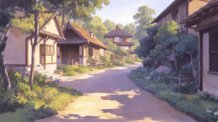 outdoor in the golden hour
Background Ghibli style village,
(fujifilm 16k) ,hyperrealistic, intricate detail, autolevel, dark, art nouveau, dramatic, desaturated, (expansive), intricate <lora:Ghibli_v4:0.8>