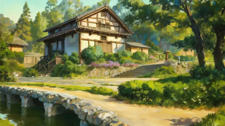 outdoor in the golden hour
Background Ghibli style village,
16k, Professional stable diffusion photography  ,hyperrealistic, intricate detail, autolevel, dark, art nouveau, dramatic, desaturated, (expansive), intricate <lora:Ghibli_v4:0.8>