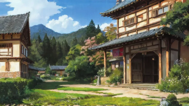 outdoor in the golden hour
Background Ghibli style village,
(fujifilm 16k) ,hyperrealistic, intricate detail, autolevel, dark, art nouveau, dramatic, desaturated, (expansive), intricate <lora:Ghibli_v4:0.8>