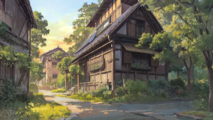 outdoor in the golden hour
Background Ghibli style village,
(fujifilm 16k) ,hyperrealistic, intricate detail, autolevel, dark, art nouveau, dramatic, desaturated, (expansive), intricate <lora:Ghibli_v4:0.8>