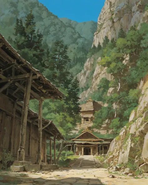 There is an old temple in a valley filled with smoket <lora:Pyramid lora_Ghibli_n3:1>