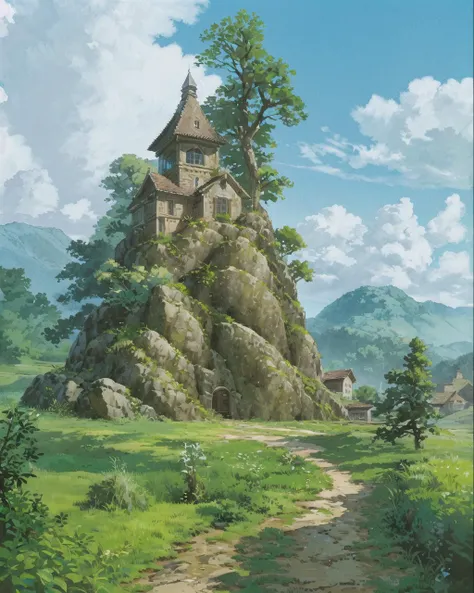 (((best quality))),single build,architecture, blue_sky, building,cloudy_sky, day, fantasy, fence, field, house, build,architecture,landscape, moss, outdoors, overgrown, path, river, road, rock, scenery, sky, sword, tower, tree, waterfall , <lora:Pyramid lora_Ghibli_n3:1>