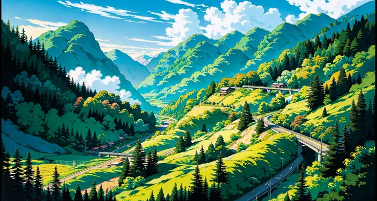beautiful anime scenery of highway going to the hills in a city,masterpiece,best quality,detailed,anime style,<lora:Pyramid lora_Ghibli_n3_0.7+Pyramid lora_Ghibli_v2_0.3:1>,high quality,detailed,