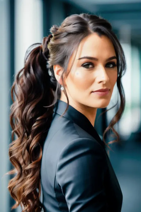 Photograph, lnh , long hair, (hair up:1.2), office background, high detail, HD, ultra detailed, ultra realism, field of view, trending on 500p, <lyco:LenaH-RealVision-V1.0:1.0>