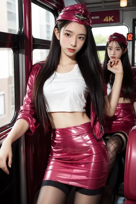 solo,1Girl,standing,ruanyi0495,crop top,cropped jacket,hat,pencil skirt,pink skirt,black pantyhose,bottomless,indoors,bus,bus interior,people,blurry background,,cowboy shot,<lora:0495 air goddess_v1:0.9>, best quality,masterpiece,highres,official art,extremely detailed cg unity 8k wallpaper