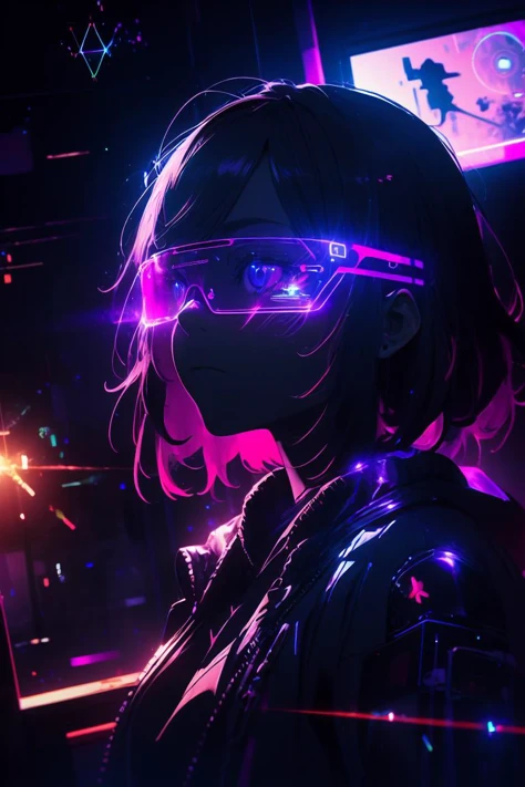 (best quality, ultra detailed), holographic, 1girl, solo, dutch angle, class room, at evening, cyber_glasses, <lora:cyber_glasses:0.5>, blacklight, neon, darkroom, (glowing eyes:0.7), <lora:1690269241790370970:0.7>, light particles, cinematic lighting, depth of field, gradation,