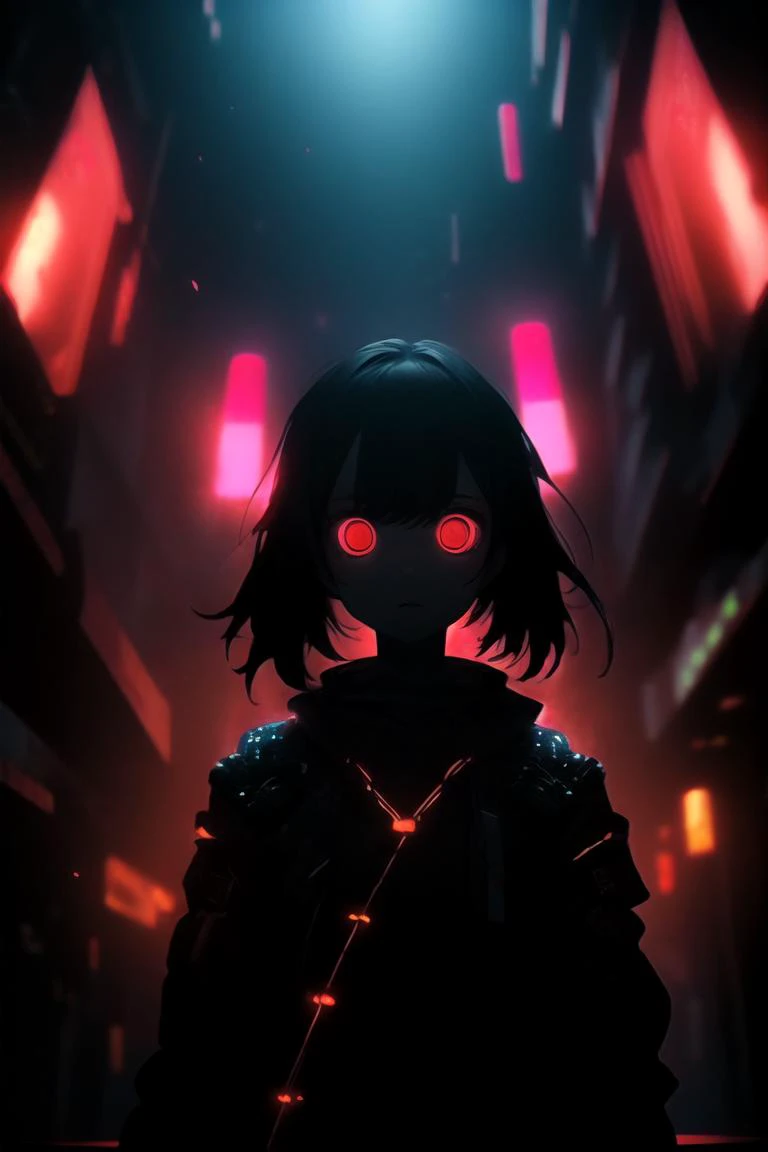 scifi, future, cyberpunk, 1girl, solo, blacklight, neon, darkroom, glowing eyes, <lora:1690269241790370970:0.8>, light particles, faint light, cinematic lighting, depth of field