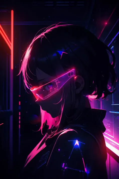 (best quality, ultra detailed), holographic, 1girl, solo, from side, looking viewer, class room, at evening, cyber_glasses, <lora:cyber_glasses:0.5>, blacklight, neon, darkroom, (glowing eyes:0.7), <lora:1690269241790370970:0.7>, light particles, cinematic lighting, depth of field, gradation,