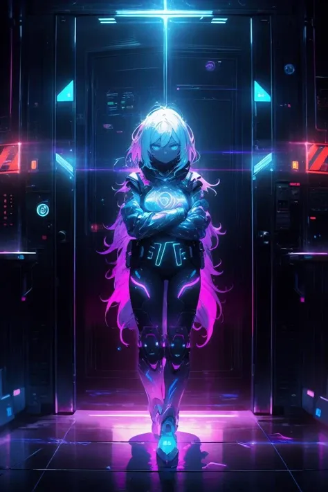 (best quality, ultra detailed), scifi, future, 1girl, solo, glaring, standing, crossed arms, looking viewer, overlooking, (airtight_door:1.2), binary code, holographic, blacklight, neon, darkroom, (glowing eyes:0.7), <lora:1690269241790370970:0.6>, cinematic lighting, gradation,