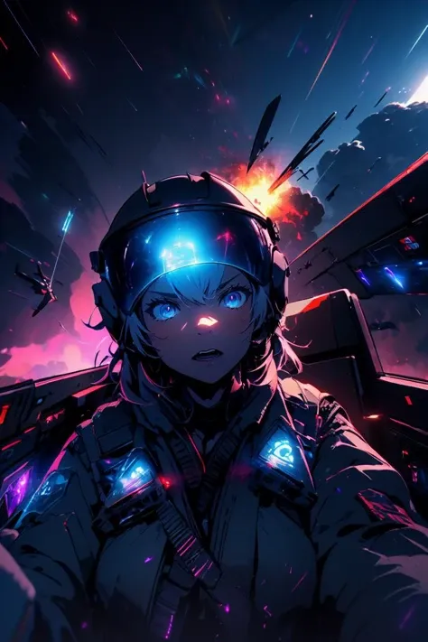 (best quality, ultra detailed), holographic, 1girl, solo, serious, shouting, yomama_fighter_jet_pilot_selfie_v2, (helmet, eye shield), sky, (explosion:0.9), cracks, fragments, <lora:yomama_fighter_jet_pilot_selfie_v2:0.7>, blacklight, neon, darkroom, (glowing eyes:0.7), <lora:1690269241790370970:0.7>, light particles, cinematic lighting, depth of field, gradation,