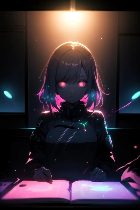 (best quality, ultra detailed), 1girl, solo, class room, at evening, blacklight, neon, darkroom, glowing eyes, <lora:1690269241790370970:0.5>, light particles, cinematic lighting, depth of field