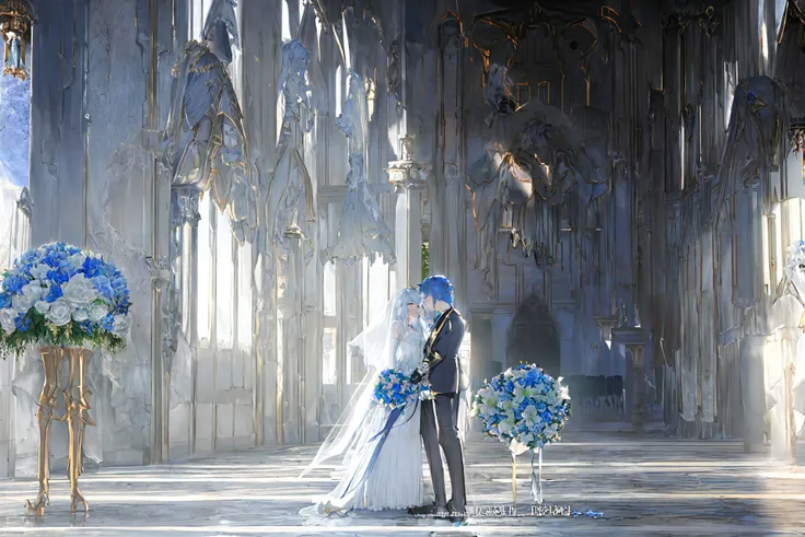 (extremely detailed CG unity 8Kwallpaper),{{masterpiece}},{{best quality}},{best illustration},highres,{extremely detailed CG unity 8k},{{{extremely detailed figure}}},(masterpiece),(bast quaility)(symmetrical:1.5),[(twins:1.2):;50],game cg,full body,(look at viewer:1.1),high saturation
(A is dynamic angle:1.2)A has (a very detailed face:1.2) and (Organza lace,),A have (long white hair)and(wedding dress)and(high heels)and(bridal gauntlets),standing,A has(small breasts)and(veil).
(B is dynamic angle:1.2)B has(Organza lace,) and (a very detailed face:1.2	B have(long blue hair)and(garter_belt)and(high heels)and(bridal gauntlets),standing,A has (small breasts)and(veil).B hold the bouquet
sunlight,outdoors,ray tracing, dramatic shadows,vivid light,(flower:1.3),cinematic lighting,octane render,ray tracing,blue rose,[(luxurious wedding hall:1.3)::10],[(luxurious palace:1.3):50]