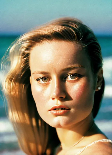 analog style, modelshoot style, photo of beautiful sks woman, hyper realistic photograph, detailed face,film grain, Kodak portra 800, f1.8, intricate, at the beach, <lora:locon_brie_v1_from_v1_64_32:1.3>