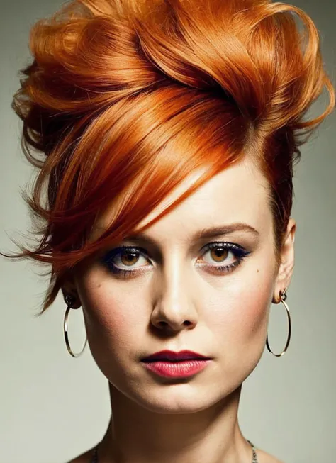 portrait of sks woman by Flora Borsi, style by Flora Borsi, bold, bright colours, orange Mohawk haircut, ((Flora Borsi)), <lora:locon_brie_v1_from_v1_64_32:1.3>