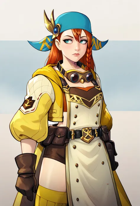 score_9, score_7_up BREAK cowboy shot,EPmhrMinayle,, orange hair, long hair, braid,side braid, hair between eyes, aqua eyes,goggles around neck, blue bandana, hair ornament,brown gloves, belt pouch, black belt, brown footwear, boots, white apron, orange bra, brown shorts, yellow waist cape, yellow jacket, cropped jacket, puffy sleeves, yellow legwarmers <lora:EPmhrMinayle:0.8> <lora:dhs_pd:1>