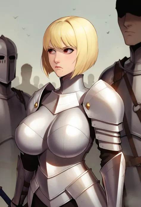 score_9, score_7_up BREAK 1girl, knight, full armor, holding sword, short hair, blonde hair, red eyes, brothel, watching a stripper, large breasts, mole under mouth, serious, looking to the side, bob cut, bangs, slightly facing sideways,