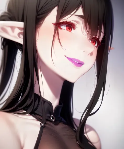 <lyco:Enigma-NAI-LyCORIS:0.9>
1girl, solo, (3ngma), portrait, profile, smile, purple lips,
 pale skin, pointy ears, finely detailed red eyes,  long black hair