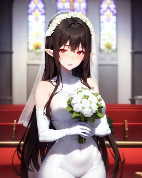 <lyco:Enigma-NAI-LyCORIS:0.9>
1girl, solo, (3ngma),  purple lips,
wearing (white wedding dress, wreath), bridal gauntlets, holding bouquet of flowers, church background, 
 pale skin, pointy ears, finely detailed red eyes,  long black hair, smile, blushing